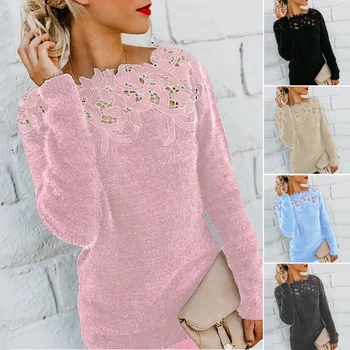 Oversize Sweater Dress Kvinder Ensfarvet Langærmet O Hals Blomster Blonder Pullover Sweater Plus Størrelse
