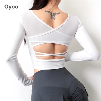 Oyoo Mesh Yoga Toppe med Indbygget Bh Hvid Ryg-Sport Top Beskåret med Lange Ærmer Dance Fitness-Shirts Backless Afgrøde Top