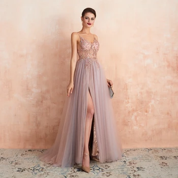 Pink Beaded Kjoler Plus Size 2020 Lange Elegante Se Gennem En Line Split Tyl V-Hals, Spaghetti Strop Aften Kjole