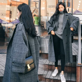 Plaid af uld frakke kvindelige lang koreanske version løs 2020 vinter nye studerende over knæet smarte uldne frakke temperament pendler