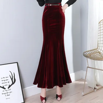 Plus størrelse 5XL! Efteråret Vintage Velvet Black Maxi Lang Havfrue Nederdel 2020 Fashion Kvinder Elegant Velour Nederdel Med Bælte DQ1279