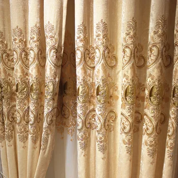 Polyester Europæiske luksus broderet guld gardiner til stuen kitchenwith den rene luksus hoteller egnet til soveværelse