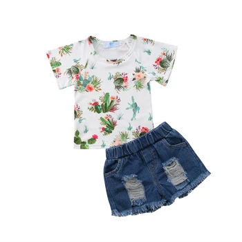 Pudcoco USPS Hurtig Forsendelse Nye Mode Nyfødte Baby Piger Tøj Print Blomster Toppe, T-shirt Denim Bukser / Shorts Tøj Tøj