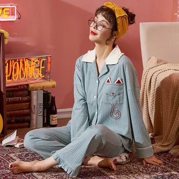 Pyjamas Sæt Kvinders Plus Størrelse 3XL Tegnefilm Trykt Kawaii Nattøj Lange Ærmer Casual koreansk Stil Piger Homewear Forår, Efterår