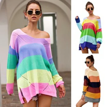 Rainbow Stribe Farverige Print Sweater Kvinder Nye Mode Trøjer Patchwork Langærmet Toppe, Strik, Skjorter Top 2020