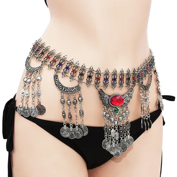 Retro metal hængende perle mønt frynse vedhæng krop metal kæde lang mavedans talje kæde Indisk kvinde banket yoga begrænset bælte