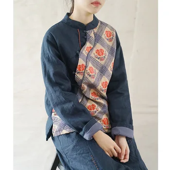 SCUWLINEN Kvinder Linned Quiltet Toppe I 2020 Vinter Kinesiske Vintage Print Patchwork Stå Krave Varm Bomuld Polstret Bluse P330