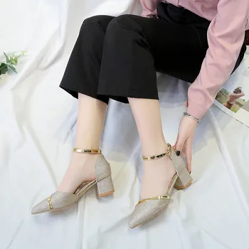 Sequined Klud pumper kvinder sko 2019 Efteråret SummerB sko kvinder kjole brudepige sko Firkantet hæl kvinder sandaler sko bryllup