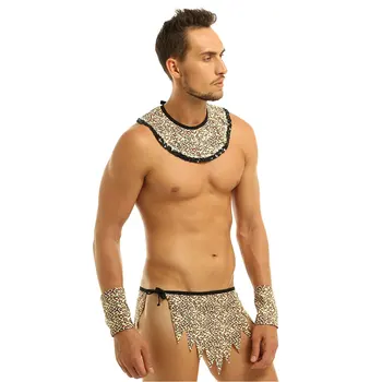 Sexy Halloween Kostumer til Mænd Hot Sex Leopard Hulemand Kjole Op Undertøj Sæt Gay Clubwear Tøj Homme Voksen Cosplay Undertøj
