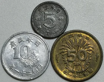 Showa 20-21 1945-46 Mønter 5-10-50 Guld Komplet Sæt 3 Stykker Ægte Mønter Fast Oprindelige Mønt