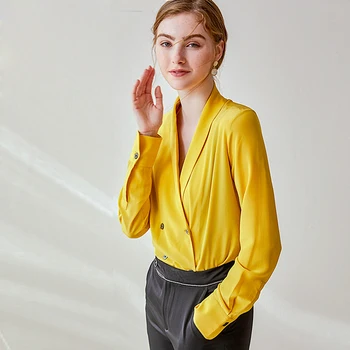 Silke Bluse Kvinder Shirt Elegant Design Solid Dobbelt Breasted V-Hals Lange Ærmer Kontor Toppe Stof Nye Mode