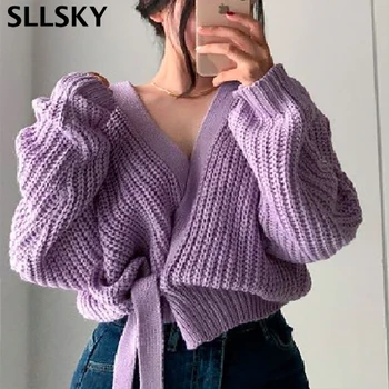 Sllsky Kvinder Side Lace-up Cardigans Sweater Efterår 2020 V-hals Trække sig Tilbage Tyk Strikket langærmet Smarte Retro Løse Cardigans