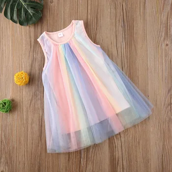 Sommeren Kid Prinsesse Pige Fødselsdag Fest Kjole Spædbarn Baby Piger Dress Rainbow Print Ærmeløs Lace Tutu Mini Kjole