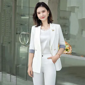 Sort blazer kvinder 2020 forår sommer nye koreanske office mode afslappet 7 punkt ærme lomme hvid temperament slank frakker LD1270