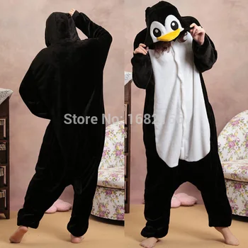 Sort Penguin Pyjamas Party Animal Cosplay Kostume Flannel Onesies Spil Cartoon Animal Nattøj