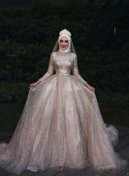 Sparkly Muslimske Lange Ærmer Pailletter Bryllup Operationskitler Med Matchende Slør Dubai Bryllup Kjoler 2020 Vestidos De Novia Brude Kjole