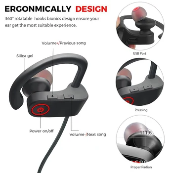 Sport Bluetooth Stereo Hovedtelefon Øre-krog Trådløse Hovedtelefoner Vandtæt Bluetooth-5.0 Headset Med Mikrofon Til iPhone Huawei