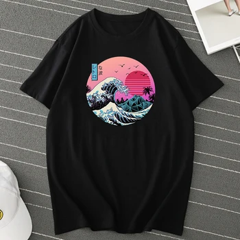 Streetwear til Mænd T-Shirt Store Retro Bølge Tee Toppe for Kvinder Oversize T-Shirts Japansk Vintage Skjorte Camiseta Mujer Sort Tshirt