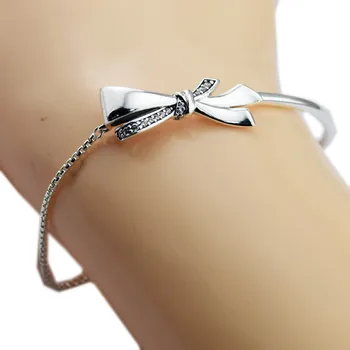 Strålende Bow Charme Armbånd til Kvinder Klare CZ Crystal Shine armbånd & Armbånd Fine 925 Sterling Sølv Armbånd til Kvinder