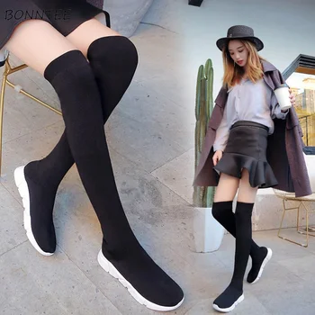 Støvler Kvinder 2020 Ny Over Knæet Stretch Sok Boot Studerende Trendy Casual Fladskærms-Platform Sko Dame Slanke, Elegante, Smarte