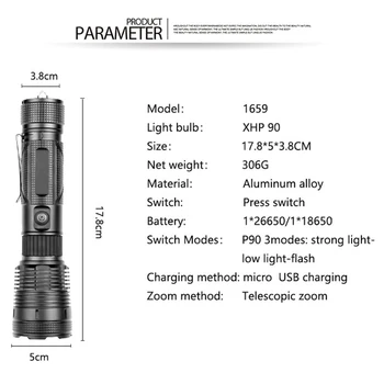 Super Kraftig Led Lommelygte 18650 Genopladeligt Batteri Xhp90 Taktiske 3 Mode Fakkel Zoomable Lampe Shocker til selvforsvar