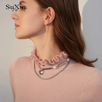 SuXin 2020 nye temperament halskæde til kvinder retro multi-lag heavy metal hjerte vedhæng halskæde smykker gave