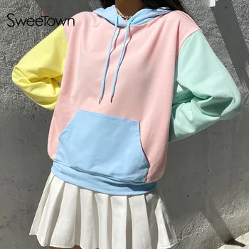 Sweetown Langærmet Sød Oversize Sweatshirts Til Kvinder Efterår Mode Tøj Macaron Colorblock Pullovere Sweatshirt Vinter
