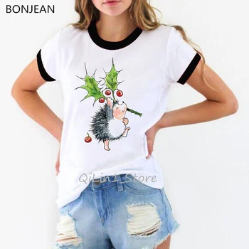 Søde Pindsvin design sjove t-shirts kvinder harajuku kawaii dyreprint hvid t-shirt femme Julegave grundlæggende tshirt tops tees