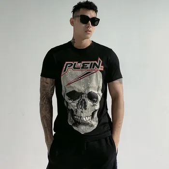 T-shirt til mænd crystal skulls rhinestones streetwear slim fit- bomuld af høj kvalitet, sort, rund hals mænd tøj