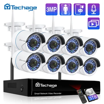Techage Trådløse 3MP 8CH CCTV Sikkerhed NVR WIFI Kamera Kit AI Audio Record Udendørs P2P IP Kamera Videoovervågning System, der