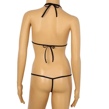 TiaoBug Kvinder Undertøj Sæt Halterneck Mini Micro Bikini Bh Top med G-String Åben Skridt Tanga Crotchless Trusser, Sexede Undertøj