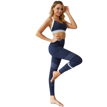 Trænings-og Tøj Kvinder Sports-Bh Høj Talje Fitnesscenter Leggings 2 STK Yoga Sæt Polyester Stribet Stretch Træning Femme Kører Tøj