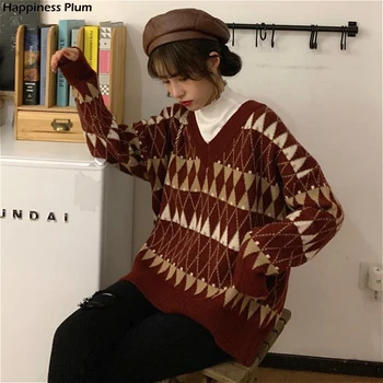 Trøjer Kvinder Vintage Argyle koreanske Alle-match Chic V-Hals til Damer Pullovere Studerende Dovne Style Populære Vinter Womens Sweater Ny