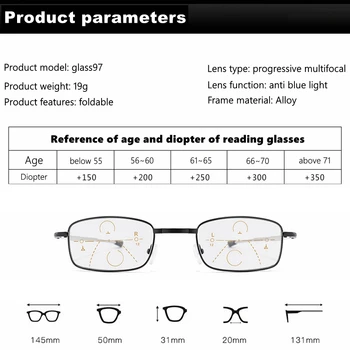 Unisex Fotokromisk Læsning Briller Sammenklappelig Progressiv Multifokal Presbyopic Briller med Fuld Ramme af Metal Rød dropship