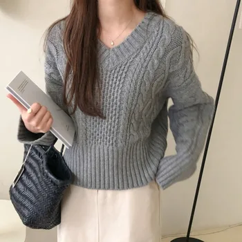 V-neck Knitted Pullover Sweater Kvinder CropTop Lange Ærmer koreansk Stil, Afslappede Mode Sweater 2020 Efterår og Vinter Trække Femme