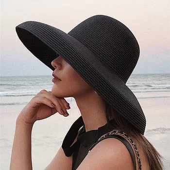 Varm sommer dame plisserede strå hat Kvinder casual store randen diskette solhat cap Holiday beach casquette gorros