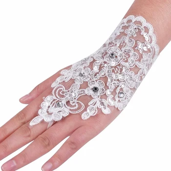 Vintage Brude Håndled Stykke Satin Fingerløse Elfenben eller Hvid Blonde Handsker til Kvinder Beaded Elegante Bryllup Tilbehør
