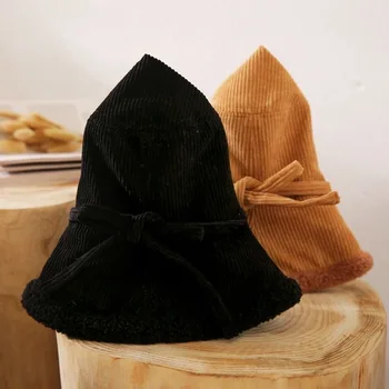 Vinter, efterår fløjlsbukser sløjfeknude bucket hat uld tyk holde varm dame fashionable justerbar street wear hat tøj montering af hætte