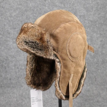 Vinteren Mænd Bombefly Hatte Varm russisk Ushanka Hat med Øret Flap Læder Pelsjæger Cap Earflap LFM02
