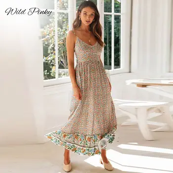 WildPinky Nye Kvinder Lang Maxi Kjole Mode Spaghetti Strop Blomster Print Beach Kjoler med V-hals Flæser Party Dress Vestidos Femme