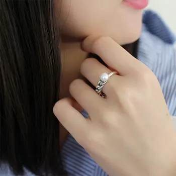 YPAY Naturlige Ferskvands Perle Ringe til Kvinder koreansk Stil Vintage Ægte 925 Sterling Sølv Åben Ring Fine Smykker YMR637
