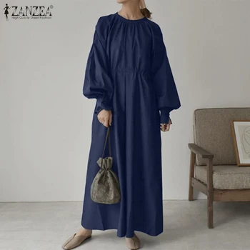 ZANZEA koreanske Solid Elegante Kaftan Kvindelige Part Ferie Vestidos Vintage-Knappen Puff Ærmer Robe Womens Fashion Long Maxi Dress