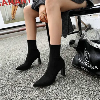 ZawsThia 2020 spids tå tyk høje hæle pumps stiletter støvler sexede damer strække støvler kvinde sokker støvletter stor størrelse 44 45 46